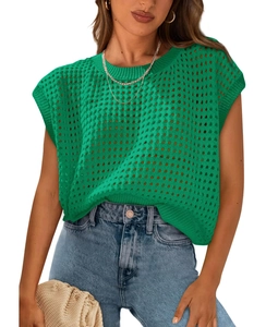 Front detail of women's round neck hollow out knit sweater vest in vibrant green color