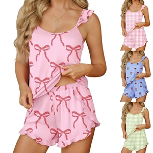 Women Ruffle Strap Pajama Top And Bottom Gingham Bow Cherry Printed Cami Shorts Loungewear Sleepwear Homewear Set