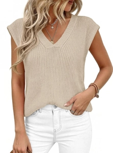 Close-up of light beige V-neck knitted vest showing the fine texture and quality stitch