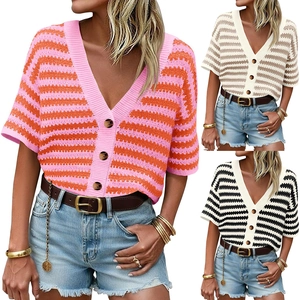 Women Casual Striped V Neck Knit Cardigan Short Sleeve Hollow Out Button Down Sweater Top Summer Loose Beach Vacation Outerwear