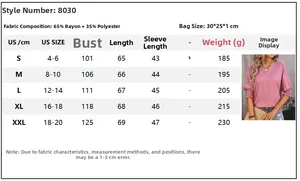 Size chart showing S to XXL measurements for the loose V-neck cotton batwing sleeve top