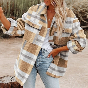 Women's plaid flannel shacket with buttons and chest pockets in khaki and grey