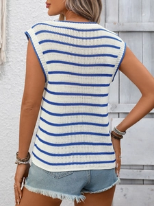 Detail of blue and white striped knit tank top with high-quality ribbed round neckline