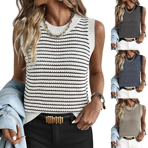 Débardeur en Tricot à Rayures Décontracté pour Femmes Sans Manches Col Rond Gilet de Pull Évidé pour le Bureau de Navette Quotidien