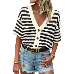 Women's V-neck striped short sleeve knit cardigan with buttons for summer casual wear