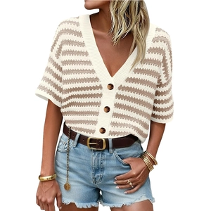 Women's V-neck striped short sleeve knit cardigan with amber buttons and ribbed hem