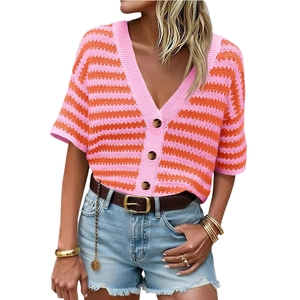 Pink and orange striped V-neck knit cardigan with short sleeves and brown buttons
