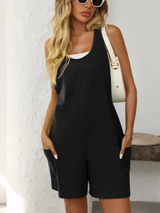 Women's casual loose black sleeveless romper with side pockets and a round neck design