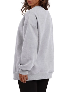 Detailed back view of light gray oversized sweatshirt with ribbed cuffs and drop shoulder