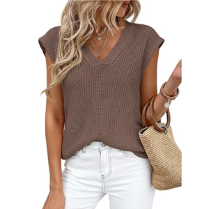 Women's V-neck sleeveless knit sweater vest in brown with vertical ribbed texture