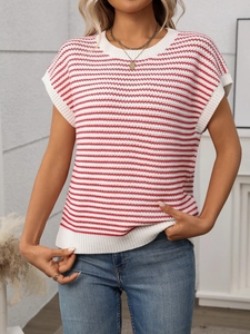 Close-up of red and white striped knit top with round neck and ribbed texture details