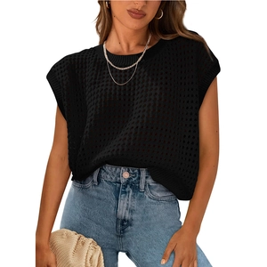 Women's black hollow-out knit vest with sleeveless design and breathable mesh pattern