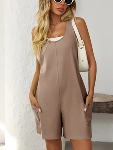 Sleeveless brown loose jumpsuit with U-neck and side pockets for casual summer wear