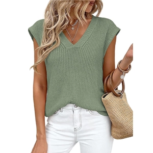Chic sage green V-neck chunky knit vest for women with casual loose sleeveless design