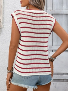 Detailed back view of sleeveless knit sweater with red and white horizontal stripes