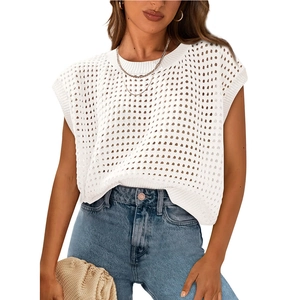 Summer casual white crochet hollow-out sleeveless knit top for women with round neck