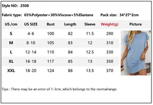 Size chart for blue ruffled short sleeve dress with detailed fabric and measurement guide