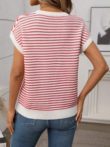 Rear view of striped knit top showing red and white pattern and ribbed hem detailing