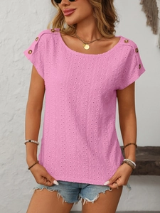 Detail of pink hollow-out short sleeve top with shoulder button accents and crew neck