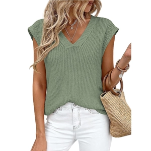 Gilet in maglia grossa verde salvia con scollo a V da donna stile casual senza maniche