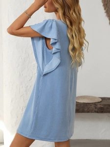 Detail of ruffled sleeves and blue vertical stripes on a summer midi dress for women