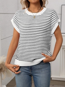 Close-up of knit texture on women's striped short sleeve top with ribbed round neck