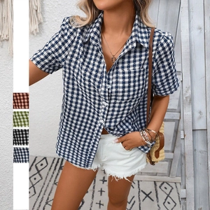 Chemise Femme Décontractée à Carreaux Manches Courtes Avec Poche Boutonnée Col à Revers Gingham Blouse Top Été Mode Vêtements