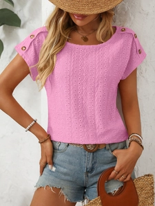 Pink eyelet embroidery short sleeve top featuring decorative buttons on the shoulders