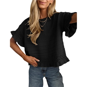 Schwarzes Kurzarm-Strickoberteil für Damen mit eleganter Spitze und Rüschensaum