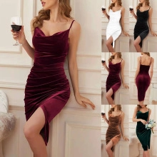 Velvet midi dress with cowl neck and side slit, showcasing five elegant colors