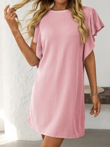 Detail of pink vertical striped knit dress with elegant flutter sleeves and casual fit