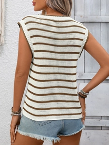 Detail of knit vest showing beige and brown stripes with ribbed edges and texture