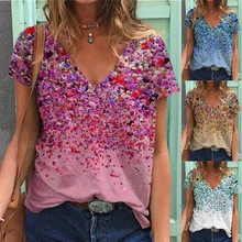 Detail showing various colors of women's floral gradient V-neck short sleeve T-shirts