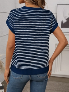 Detail of blue and white striped knit top with ribbed cuffs and hem shown from the back