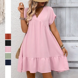 Damen Casual V-Ausschnitt Rüschen Kurzarm Hohe Taille Kleid Sommer Einfarbig Fließend Babydoll Urlaub Mini Kleid