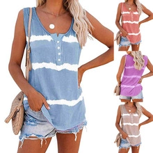 Detail of summer sleeveless chiffon top with buttoned neckline and tie-dye stripes