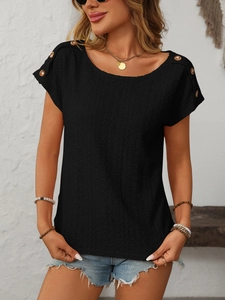 Detail of black hollow-out knit top showing decorative buttons and lace texture