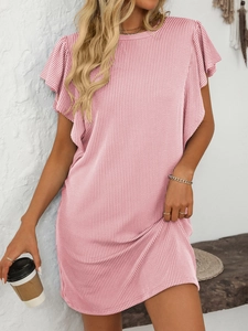 Detail of pink and white vertical stripes on dress with textured fabric and ruffle sleeves