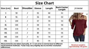 Size chart for women's off-shoulder bell sleeve top showing S-5XL measurements in CM