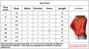 Size guide table for women's V-neck batwing sleeve top ranging from S to 5XL