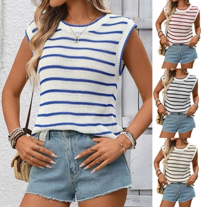 Women Casual Striped Knit Vest Crew Neck Sleeveless Sweater Top Summer Vacation Vintage Bohemian Style Knitwear