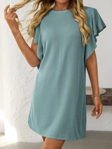 Detail showing teal ribbed texture fabric and flutter ruffle sleeves of the summer dress