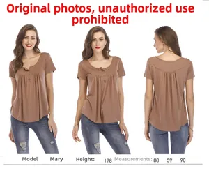 Three-way view of brown V-neck T-shirt with button detail and pleated loose-fitting cut
