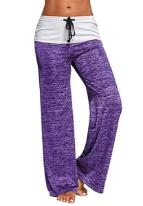 Detail of high waisted wide leg yoga pants with heather purple fabric and white waistband
