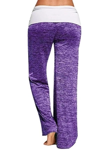 Detail of purple heathered yoga pants featuring a white wide fold-over waistband back view