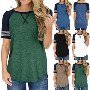 Detail of color options for short sleeve raglan t-shirt with striped sleeves and cross-stitched neck