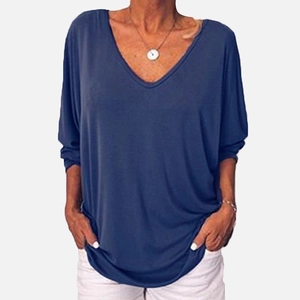 Women's dark blue V-neck loose fit T-shirt with batwing sleeves and casual style