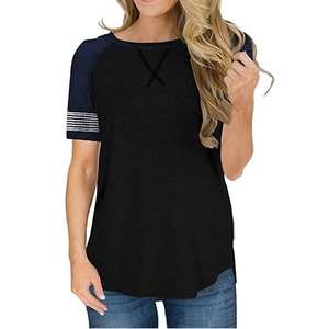 Women's black short sleeve raglan T-shirt with blue striped sleeves and A-line hem