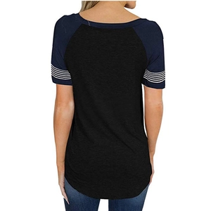 Detail of female raglan short sleeve T-shirt with navy striped sleeves and curved hem
