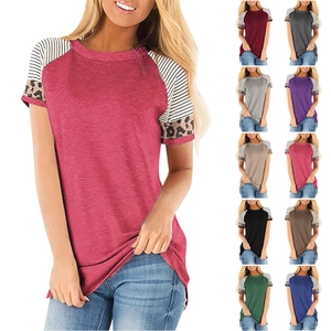 Detail showing various colors of short sleeve T-shirts with striped leopard patchwork sleeves